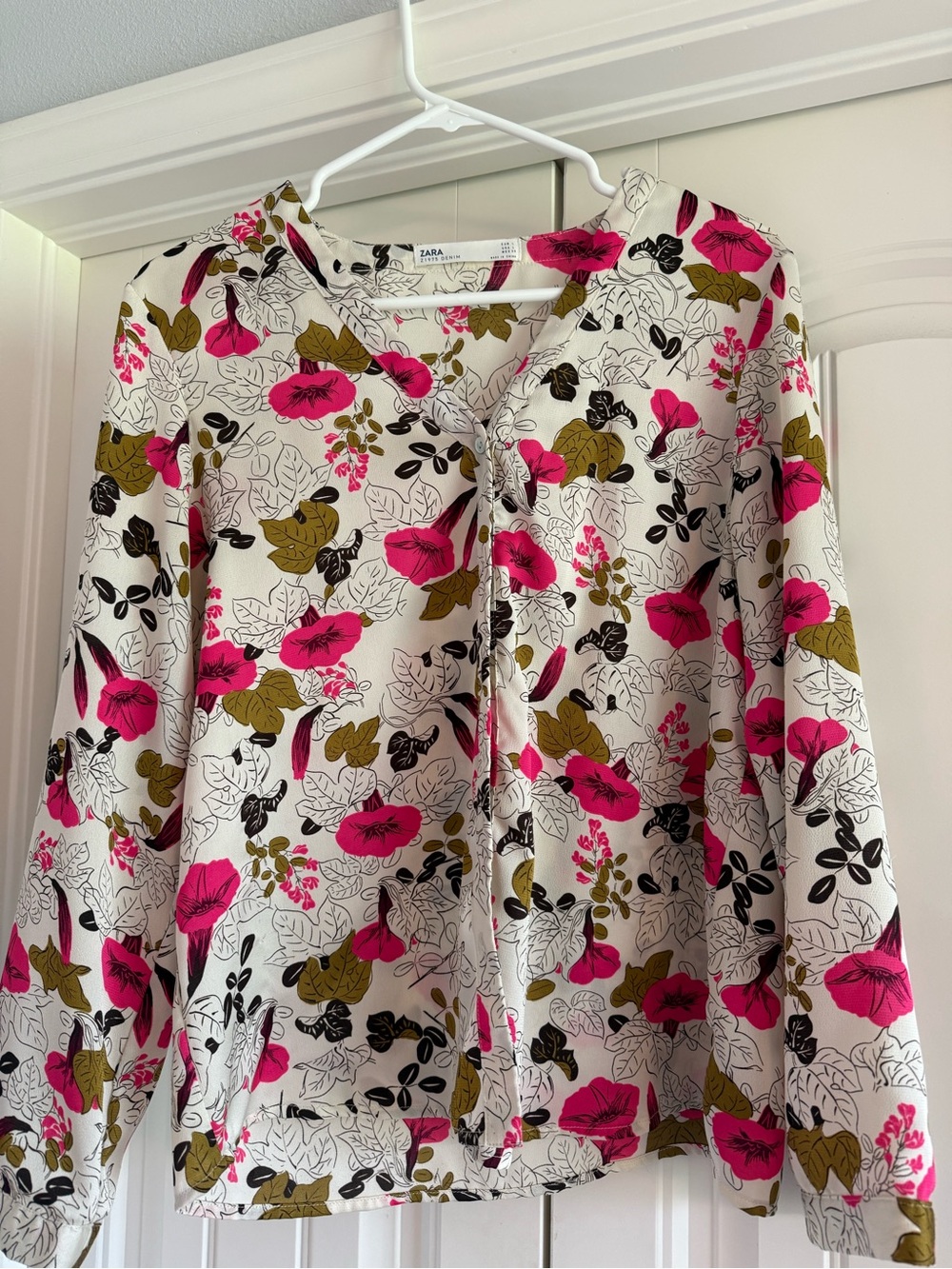 Zara Cream Floral Blouse with Pink & Olive Accents